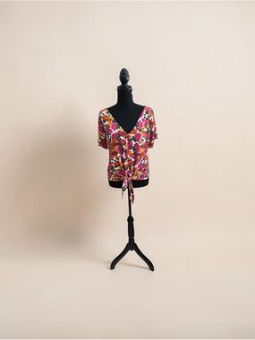 Vermilli V-Neck Tie-Front Floral Top - Pink Multi
